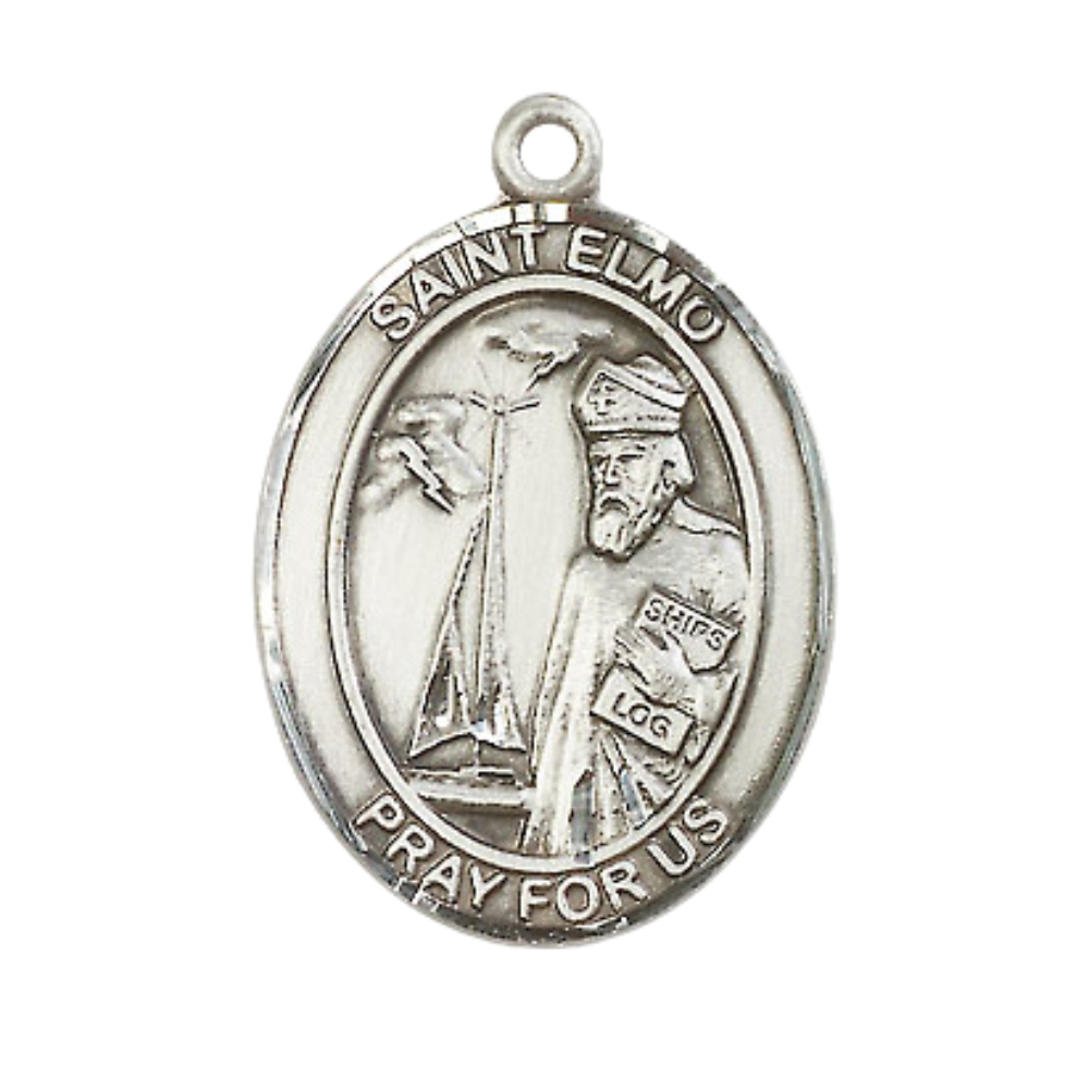 Saint Elmo Men's Sterling Silver Medal Necklace– Patron Saint of Stomach Diseases – 24” Light Rhodium Plated Heavy Curb Chain – Velvet Gift Box