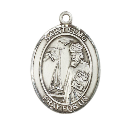 Saint Elmo Men's Sterling Silver Medal Necklace– Patron Saint of Stomach Diseases – 24” Light Rhodium Plated Heavy Curb Chain – Velvet Gift Box
