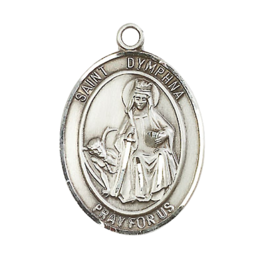 Everlasting Light Jewelry Women's Pewter Saint St. Dymphna Medal Pendant Necklace with 18 Inch Rhodium Plated Lite Curb Brass Chain– Patron Saint St. of Mental Illness & Runaways, Catholic Medal – Velvet Gift Box Included
