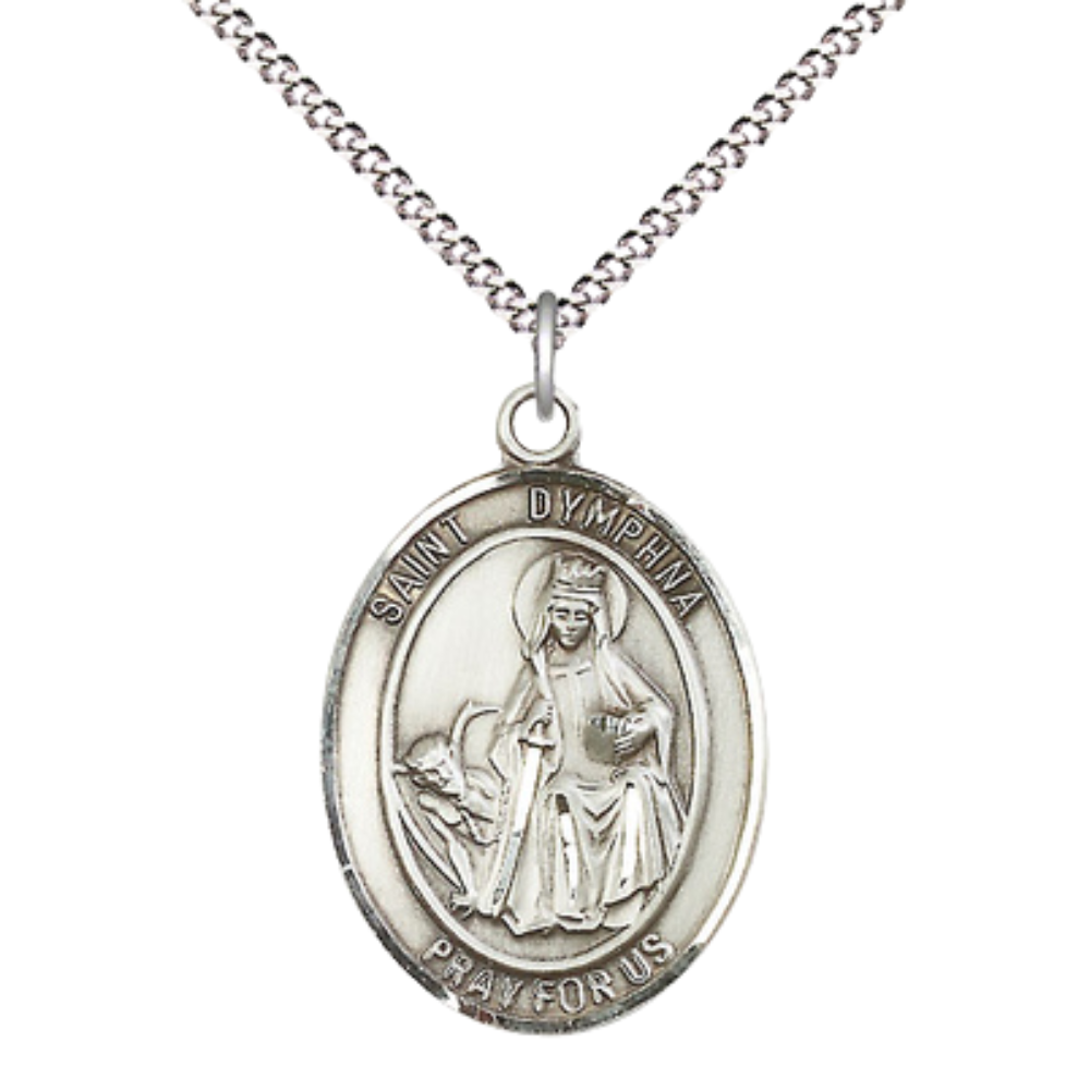 Everlasting Light Jewelry Women's Pewter Saint St. Dymphna Medal Pendant Necklace with 18 Inch Rhodium Plated Lite Curb Brass Chain– Patron Saint St. of Mental Illness & Runaways, Catholic Medal – Velvet Gift Box Included