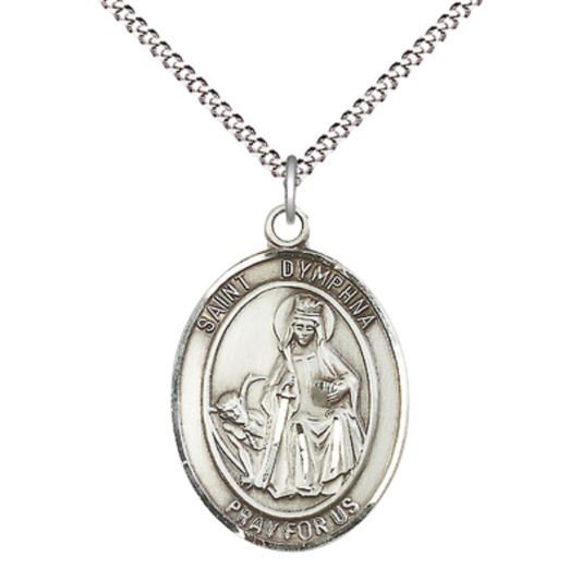 Everlasting Light Jewelry Women's Pewter Saint St. Dymphna Medal Pendant Necklace with 18 Inch Rhodium Plated Lite Curb Brass Chain– Patron Saint St. of Mental Illness & Runaways, Catholic Medal – Velvet Gift Box Included