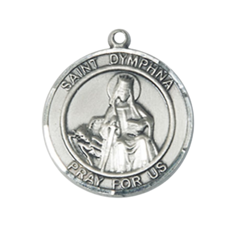 Women's Pewter Saint St. Dymphna Medal Pendant on 18 Inch Rhodium Plated Lite Curb Brass Chain w/Lobster Claw Clasp, Catholic Religious Necklace - Made in USA- Deluxe Velvet Gift Box