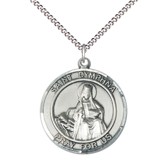 Women's .925 Sterling Silver Saint St. Dymphna Medal Pendant on 18 Inch Rhodium Plated Lite Curb Brass Chain w/ Lobster Claw Clasp, Catholic Religious Necklace - Made in USA- Deluxe Velvet Gift Box