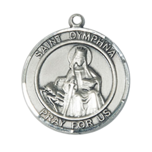 Mens Round .925 Sterling Silver Saint St. Dymphna Medal Pendant on 24 Inch Rhodium Plated Heavy Curb Brass Chain with Lobster Claw clasp, Catholic Religious Necklace - Made in USA- Velvet Gift Box