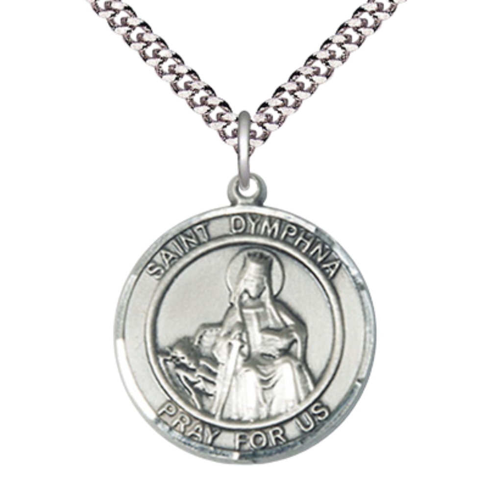 Men's .925 Sterling Silver Saint St. Dymphna Medal Pendant Christian Necklace – 1" x ?" – 24 Inch Endless Rhodium Plated Chain – Patron Saint St. of Mental Illness & Runaways, Catholic Medal – Velvet Gift Box Included