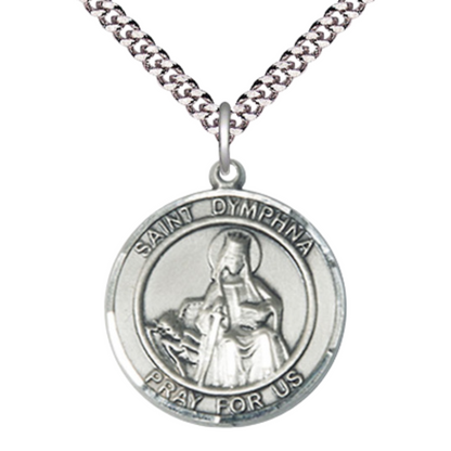 Men's .925 Sterling Silver Saint St. Dymphna Medal Pendant Christian Necklace – 1" x ?" – 24 Inch Endless Rhodium Plated Chain – Patron Saint St. of Mental Illness & Runaways, Catholic Medal – Velvet Gift Box Included