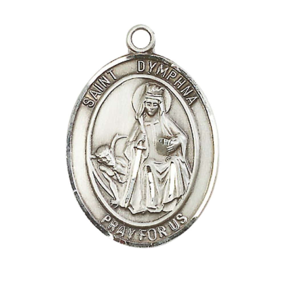 Mens Oval .925 Sterling Silver Saint St. Dymphna Medal Pendant on 24 Inch Rhodium Plated Heavy Curb Brass Chain with Lobster Claw clasp, Catholic Religious Necklace - Made in USA- Velvet Gift Box