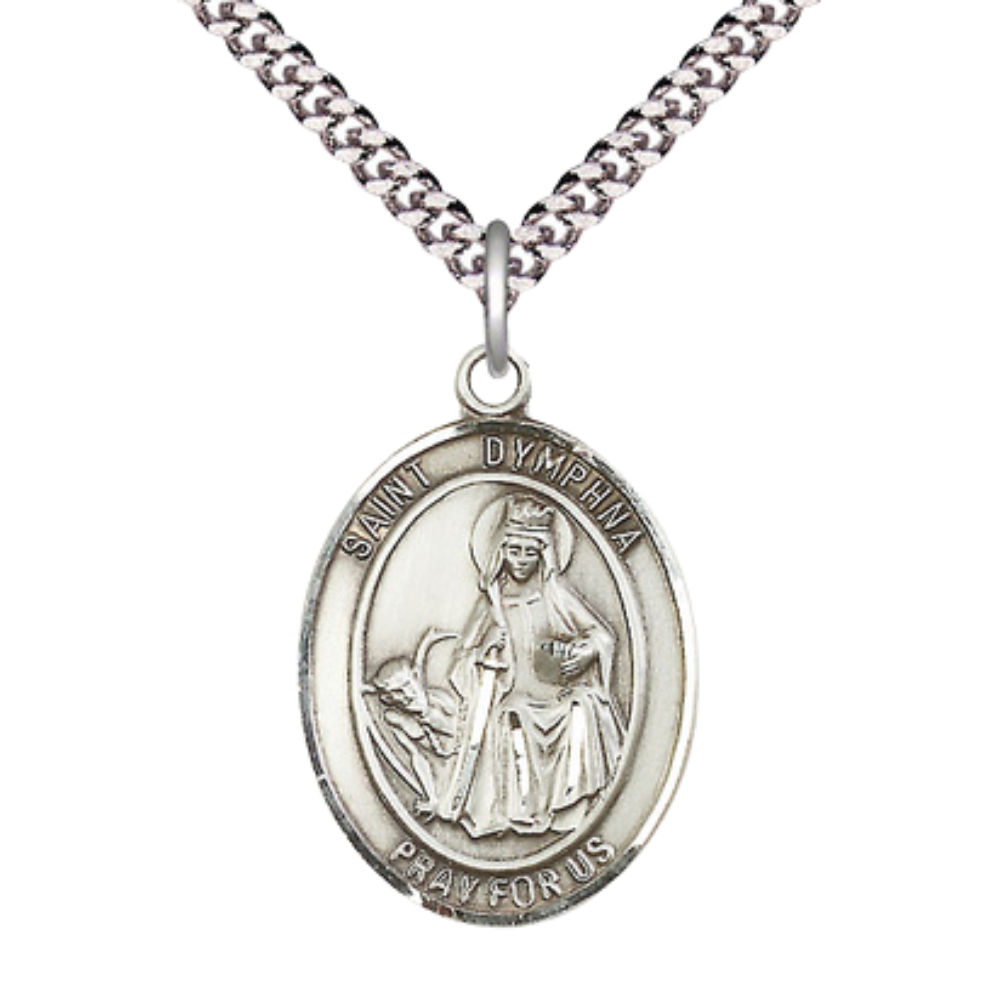 Mens Oval .925 Sterling Silver Saint St. Dymphna Medal Pendant on 24 Inch Rhodium Plated Heavy Curb Brass Chain with Lobster Claw clasp, Catholic Religious Necklace - Made in USA- Velvet Gift Box