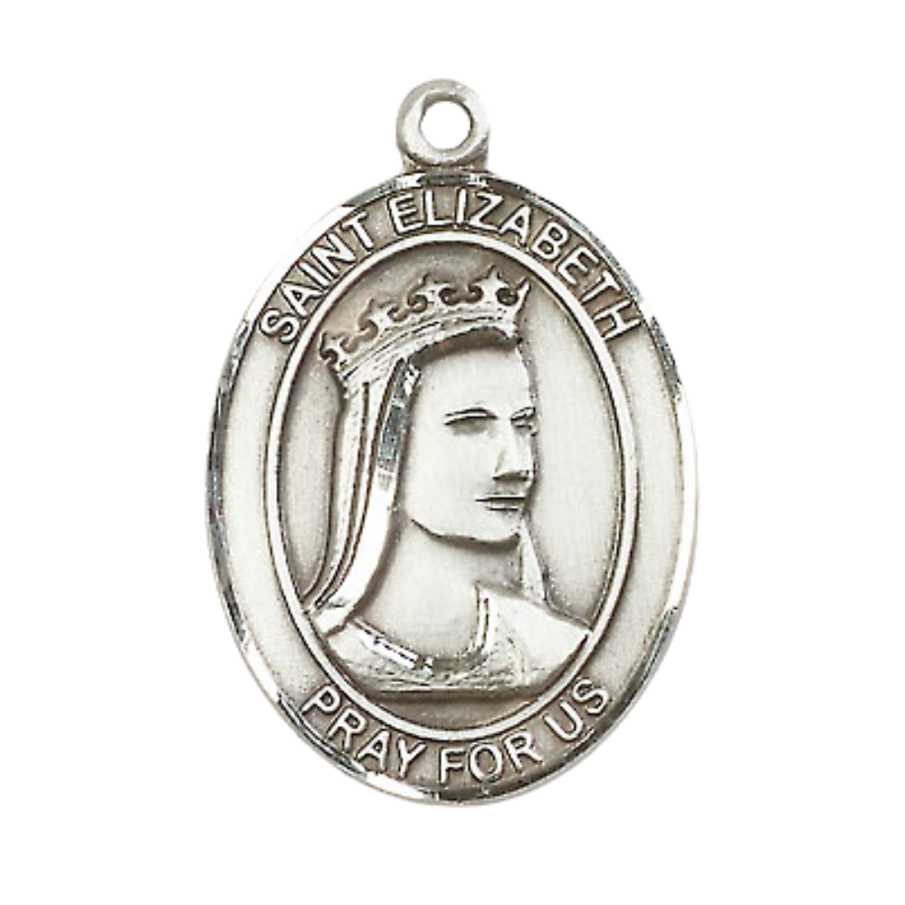 Women's .925 Sterling Silver Saint St. Elizabeth of Hungary Medal Pendant on 18 Inch Rhodium Plated Lite Curb Brass Chain w/ Lobster Claw Clasp, Catholic Religious Necklace - Made in USA- Velvet Gift Box