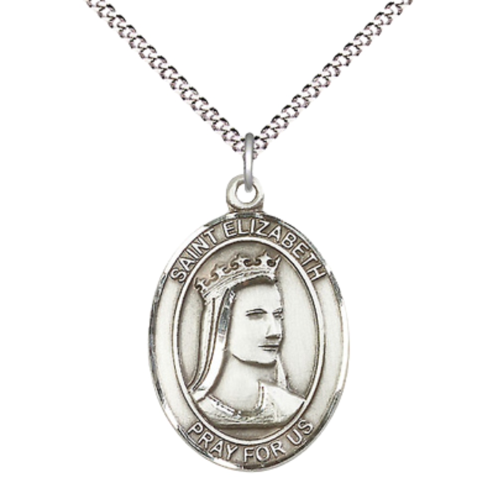 Women's .925 Sterling Silver Saint St. Elizabeth of Hungary Medal Pendant on 18 Inch Rhodium Plated Lite Curb Brass Chain w/ Lobster Claw Clasp, Catholic Religious Necklace - Made in USA- Velvet Gift Box