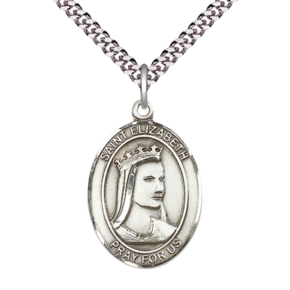 Mens Oval Pewter Saint St. Elizabeth of Hungary Medal Pendant on 24 Inch Rhodium Plated Heavy Curb Brass Chain with Lobster Claw clasp, Catholic Religious Necklace - Made in USA- Velvet Gift Box