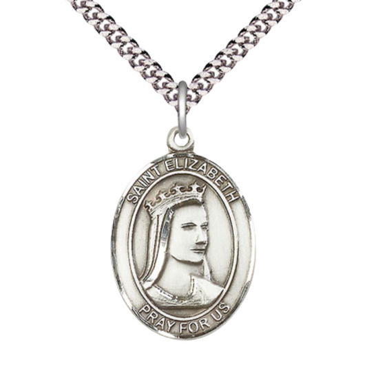 Saint St. Elizabeth of Hungary Men's Pewter Medal Necklace– Patron Saint St. of Bakers & the Homeless – 24 Inch Light Rhodium Plated Heavy Curb Chain, Catholic Medal – Velvet Gift Box