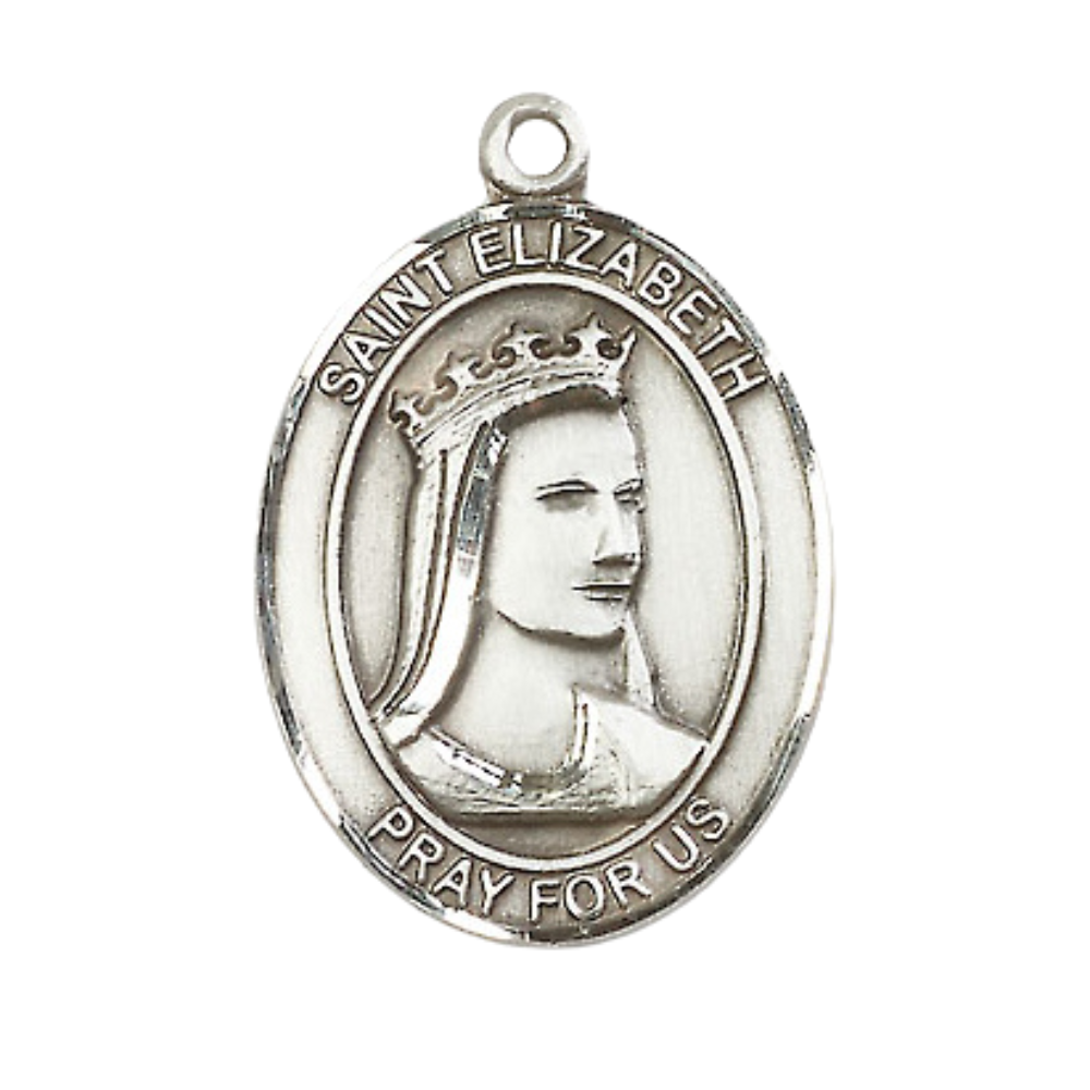 Mens Oval Pewter Saint St. Elizabeth of Hungary Medal Pendant on 24 Inch Rhodium Plated Heavy Curb Brass Chain with Lobster Claw clasp, Catholic Religious Necklace - Made in USA- Velvet Gift Box