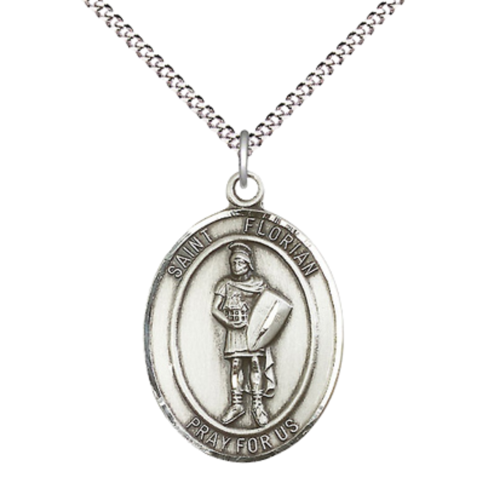 Everlasting Light Jewelry Women's Pewter Saint St. Florian Medal Pendant Necklace with 18 Inch Rhodium Plated Lite Curb Brass Chain– Patron Saint St. of Firefighters, Catholic Medal – Velvet Gift Box Included