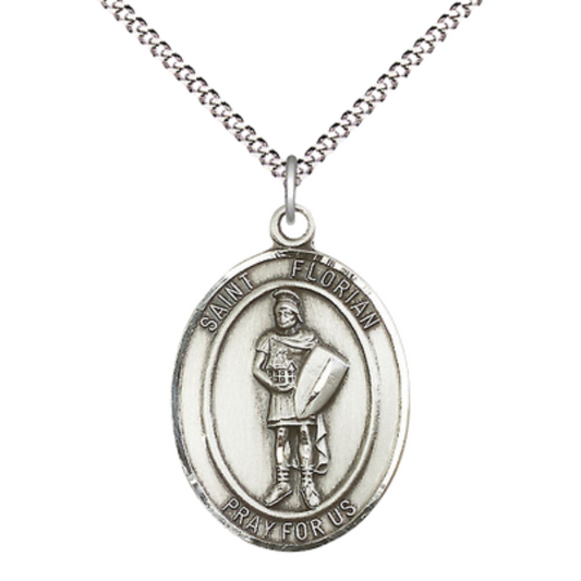 Everlasting Light Jewelry Women's Pewter Saint St. Florian Medal Pendant Necklace with 18 Inch Rhodium Plated Lite Curb Brass Chain– Patron Saint St. of Firefighters, Catholic Medal – Velvet Gift Box Included