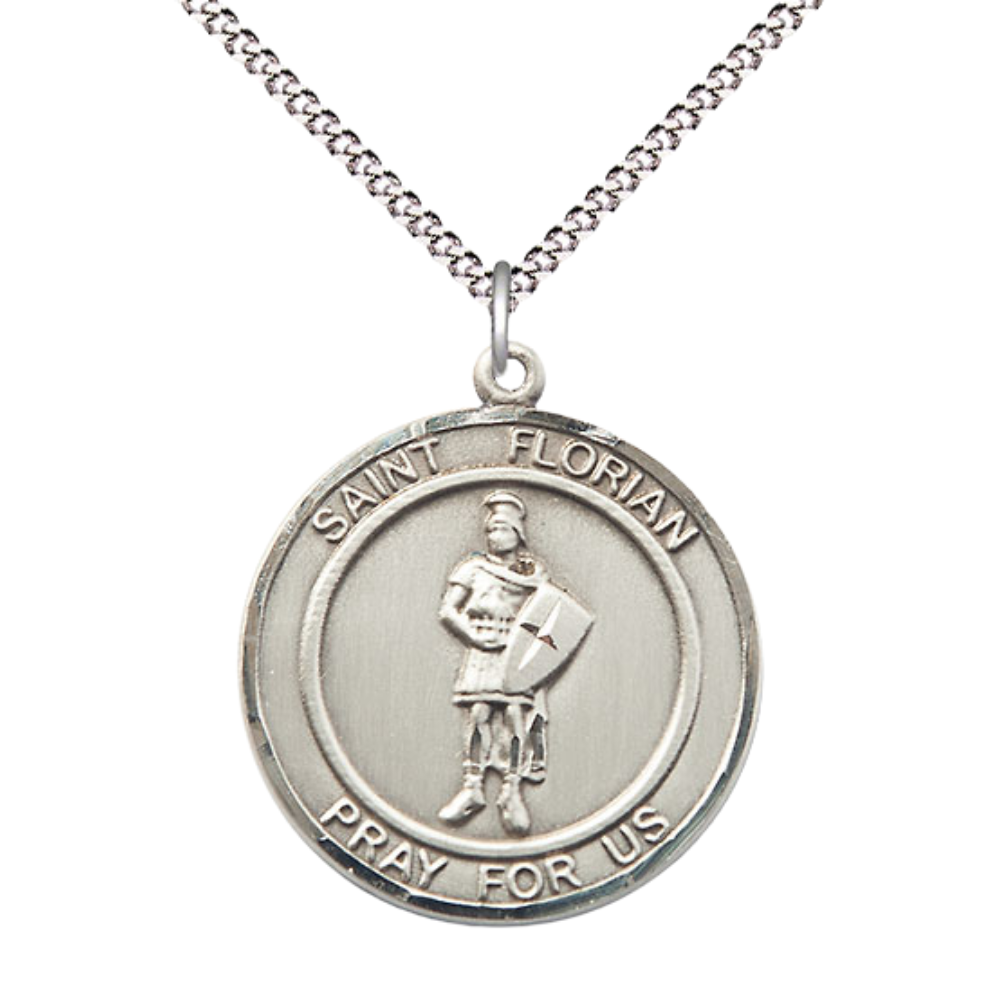Women's Pewter Saint St. Florian Medal Pendant on 18 Inch Rhodium Plated Lite Curb Brass Chain w/Lobster Claw Clasp, Catholic Religious Necklace - Made in USA- Deluxe Velvet Gift Box