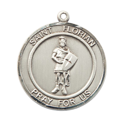 Mens Round .925 Sterling Silver Saint Florian Medal Pendant on 24" Rhodium Plated Heavy Curb Brass Chain with Lobster Claw clasp, Catholic Religious Necklace -Made in USA- Velvet Gift Box