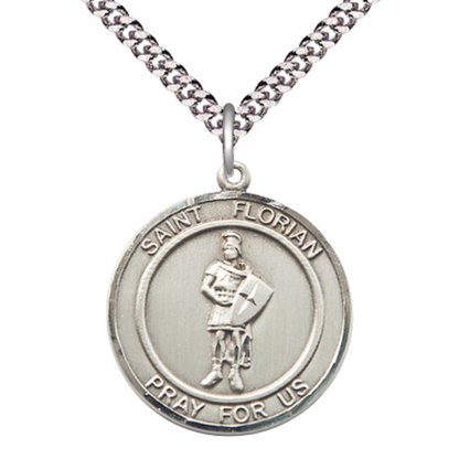 Mens 1 x 7/8" Round Pewter Saint St. Florian Medal Pendant on 24 Inch Rhodium Plated Heavy Curb Brass Chain with Lobster Claw clasp, Catholic Religious Necklace - Made in USA- Deluxe Velvet Gift Box