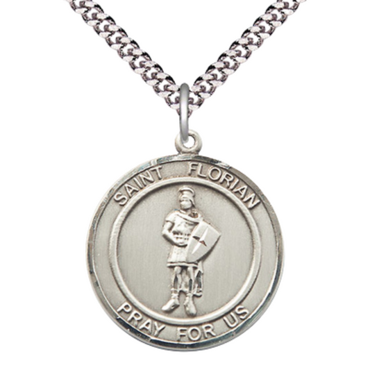 Mens 1 x 7/8" Round Pewter Saint St. Florian Medal Pendant on 24 Inch Rhodium Plated Heavy Curb Brass Chain with Lobster Claw clasp, Catholic Religious Necklace - Made in USA- Deluxe Velvet Gift Box