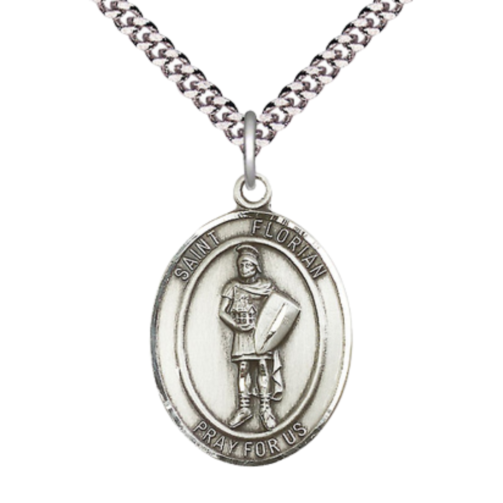 Saint St. Florian Men's .925 Sterling Silver Medal Necklace– Patron Saint St. of Firefighters – 24 Inch Light Rhodium Plated Heavy Curb Chain, Catholic Medal – Velvet Gift Box