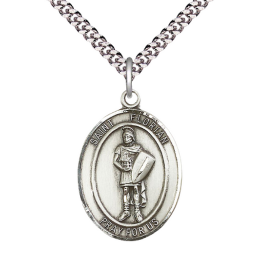 Saint St. Florian Men's Pewter Medal Necklace– Patron Saint St. of Firefighters – 24 Inch Light Rhodium Plated Heavy Curb Chain, Catholic Medal – Velvet Gift Box