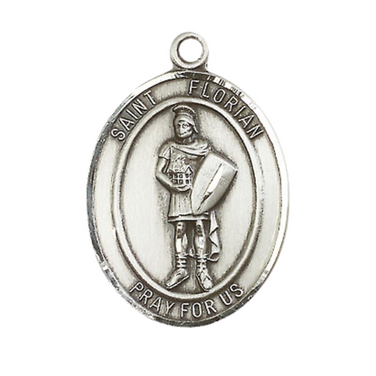 Saint St. Florian Men's .925 Sterling Silver Medal Necklace– Patron Saint St. of Firefighters – 24 Inch Light Rhodium Plated Heavy Curb Chain, Catholic Medal – Velvet Gift Box
