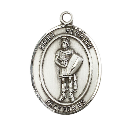 Mens Oval .925 Sterling Silver Saint St. Florian Medal Pendant on 24 Inch Rhodium Plated Heavy Curb Brass Chain with Lobster Claw clasp, Catholic Religious Necklace - Made in USA- Velvet Gift Box