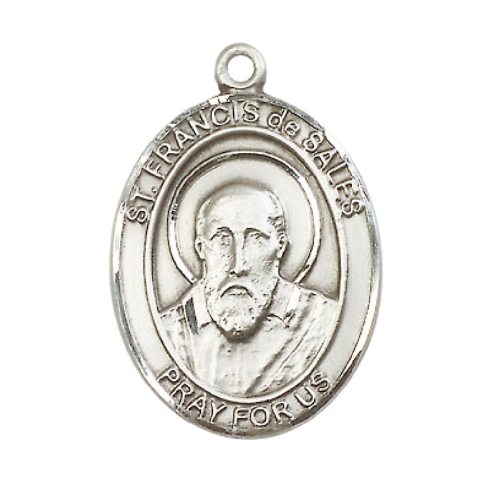 Women's .925 Sterling Silver Saint St. Francis de Sales Medal Pendant on 18 Inch Rhodium Plated Lite Curb Brass Chain w/ Lobster Claw Clasp, Catholic Religious Necklace - Made in USA- Deluxe Velvet Gift Box