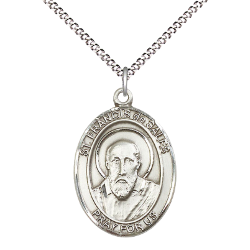 Women's .925 Sterling Silver Saint St. Francis de Sales Medal Pendant on 18 Inch Rhodium Plated Lite Curb Brass Chain w/ Lobster Claw Clasp, Catholic Religious Necklace - Made in USA- Deluxe Velvet Gift Box