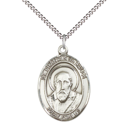 Women's .925 Sterling Silver Saint St. Francis de Sales Medal Pendant on 18 Inch Rhodium Plated Lite Curb Brass Chain w/ Lobster Claw Clasp, Catholic Religious Necklace - Made in USA- Deluxe Velvet Gift Box