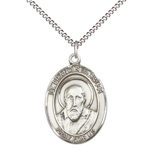 Women's Pewter Saint St. Francis de Sales Medal Pendant Necklace with 18 Inch Rhodium Plated Lite Curb Brass Chain– Patron Saint St. of Authors, Teachers & the Deaf, Catholic Medal – Velvet Gift Box Included