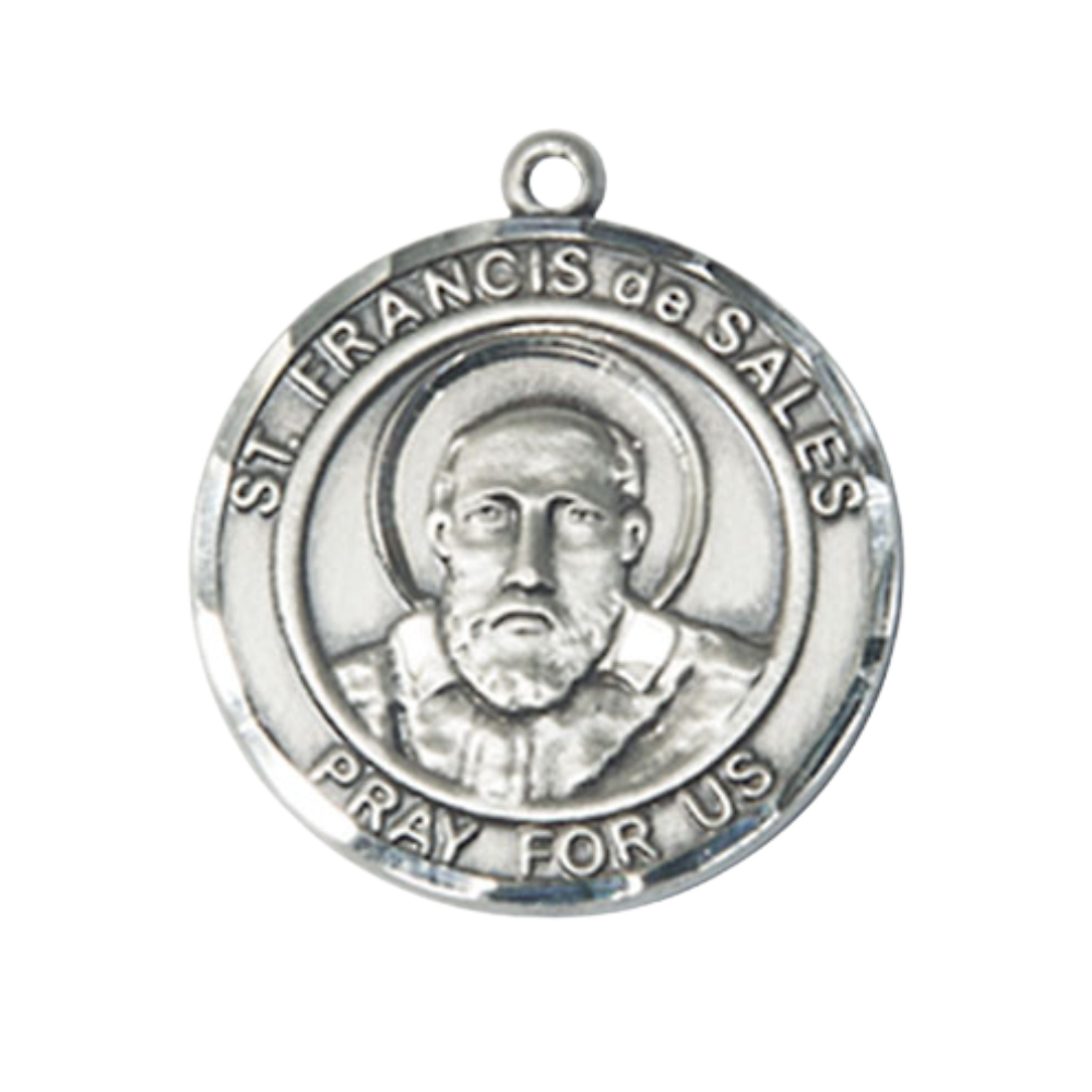 Women's .925 Sterling Silver Saint St. Francis de Sales Medal Pendant on 18 Inch Rhodium Plated Lite Curb Brass Chain w/ Lobster Claw Clasp, Catholic Religious Necklace - Made in USA- Deluxe Velvet Gift Box