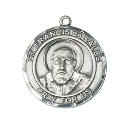 Women's .925 Sterling Silver Saint St. Francis de Sales Medal Pendant on 18 Inch Rhodium Plated Lite Curb Brass Chain w/ Lobster Claw Clasp, Catholic Religious Necklace - Made in USA- Deluxe Velvet Gift Box