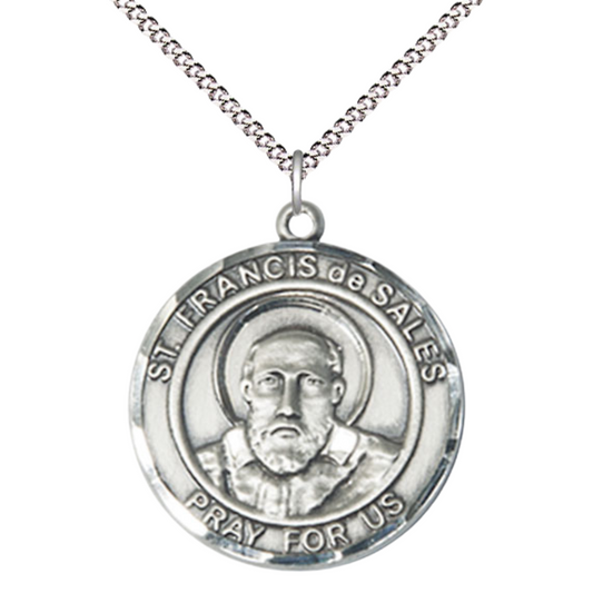 Women's .925 Sterling Silver Saint St. Francis de Sales Medal Pendant on 18 Inch Rhodium Plated Lite Curb Brass Chain w/ Lobster Claw Clasp, Catholic Religious Necklace - Made in USA- Deluxe Velvet Gift Box