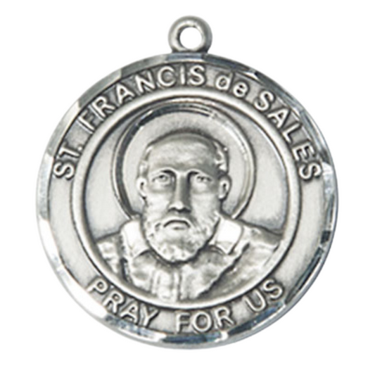 Mens .925 Sterling Silver Saint St. Francis de Sales Medal Pendant on 24 Inch Rhodium Plated Heavy Curb Brass Chain w/ Lobster Claw clasp, Catholic Religious Necklace - Made in USA- Deluxe Velvet Gift Box