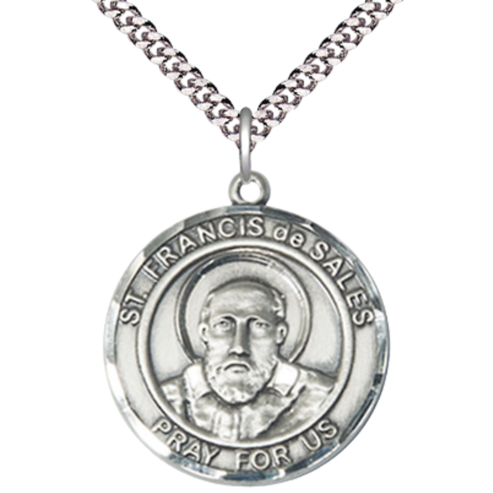 Mens Round Pewter Saint St. Francis de Sales Medal Pendant on 24 Inch Rhodium Plated Heavy Curb Brass Chain with Lobster Claw clasp, Catholic Religious Necklace - Made in USA- Deluxe Velvet Gift Box