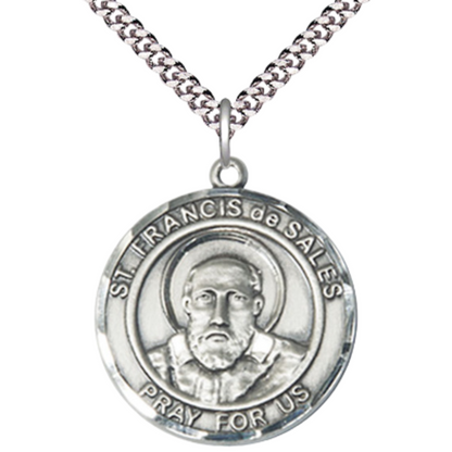 Mens Round Pewter Saint St. Francis de Sales Medal Pendant on 24 Inch Rhodium Plated Heavy Curb Brass Chain with Lobster Claw clasp, Catholic Religious Necklace - Made in USA- Deluxe Velvet Gift Box
