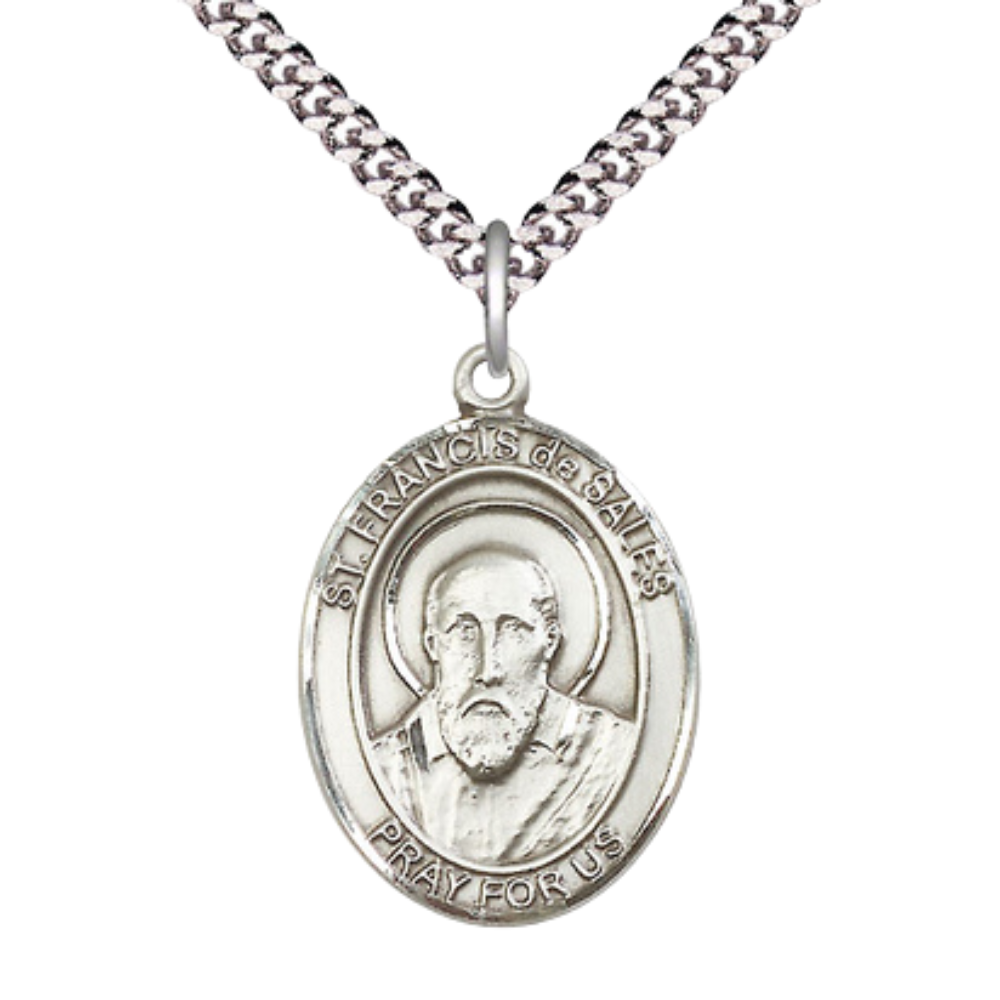 Mens Oval Pewter Saint Francis de Sales Medal Pendant on 24" Rhodium Plated Heavy Curb Brass Chain with Lobster Claw clasp, Catholic Religious Necklace -Made in USA- Deluxe Velvet Gift Box