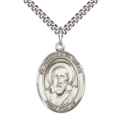 Mens Oval Pewter Saint Francis de Sales Medal Pendant on 24" Rhodium Plated Heavy Curb Brass Chain with Lobster Claw clasp, Catholic Religious Necklace -Made in USA- Deluxe Velvet Gift Box