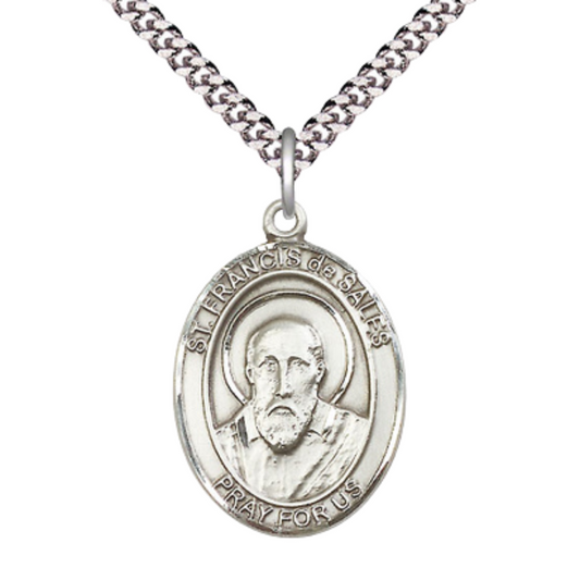 Saint St. Francis de Sales Men's Pewter Medal Necklace– Patron Saint St. of Authors, Teachers & the Deaf – 24 Inch Light Rhodium Plated Heavy Curb Chain, Catholic Medal – Velvet Gift Box