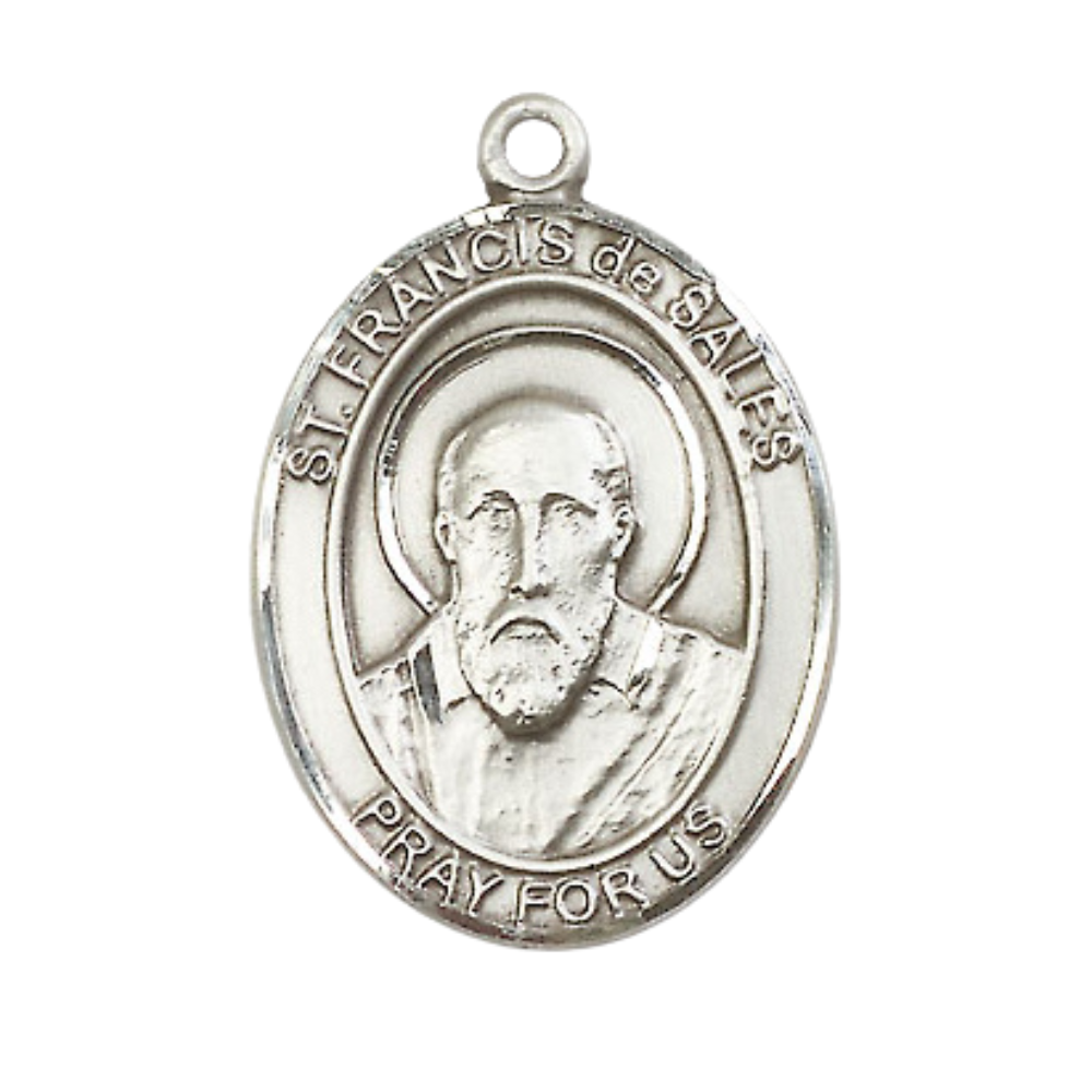 Mens .925 Sterling Silver Saint St. Francis de Sales Medal Pendant on 24 Inch Rhodium Plated Heavy Curb Brass Chain with Lobster Claw clasp, Catholic Religious Necklace - Made in USA- Velvet Gift Box