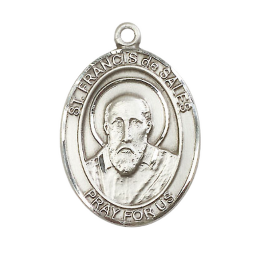 Mens .925 Sterling Silver Saint St. Francis de Sales Medal Pendant on 24 Inch Rhodium Plated Heavy Curb Brass Chain with Lobster Claw clasp, Catholic Religious Necklace - Made in USA- Velvet Gift Box
