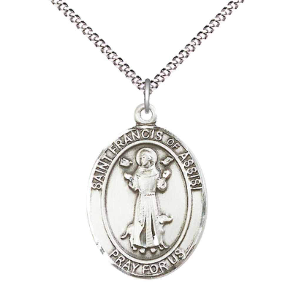 Women's Pewter Saint St. Francis of Assisi Medal Pendant Necklace with 18 Inch Rhodium Plated Lite Curb Brass Chain– Patron Saint St. of Animals & Catholic Action – Velvet Gift Box Included
