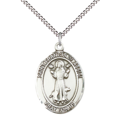 Women's Pewter Saint St. Francis of Assisi Medal Pendant Necklace with 18 Inch Rhodium Plated Lite Curb Brass Chain– Patron Saint St. of Animals & Catholic Action – Velvet Gift Box Included