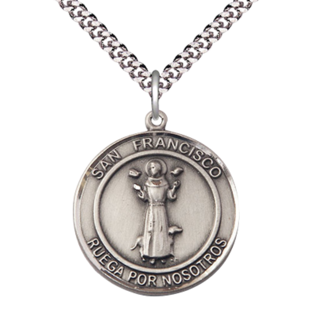 Mens Round Pewter Saint St. Francis of Assisi Medal Pendant on 24 Inch Rhodium Plated Heavy Curb Brass Chain with Lobster Claw clasp, Catholic Religious Necklace - Made in USA- Deluxe Velvet Gift Box