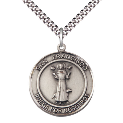 Mens Round Pewter Saint St. Francis of Assisi Medal Pendant on 24 Inch Rhodium Plated Heavy Curb Brass Chain with Lobster Claw clasp, Catholic Religious Necklace - Made in USA- Deluxe Velvet Gift Box