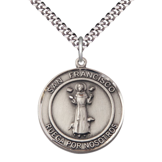 Mens Round Pewter Saint St. Francis of Assisi Medal Pendant on 24 Inch Rhodium Plated Heavy Curb Brass Chain with Lobster Claw clasp, Catholic Religious Necklace - Made in USA- Deluxe Velvet Gift Box