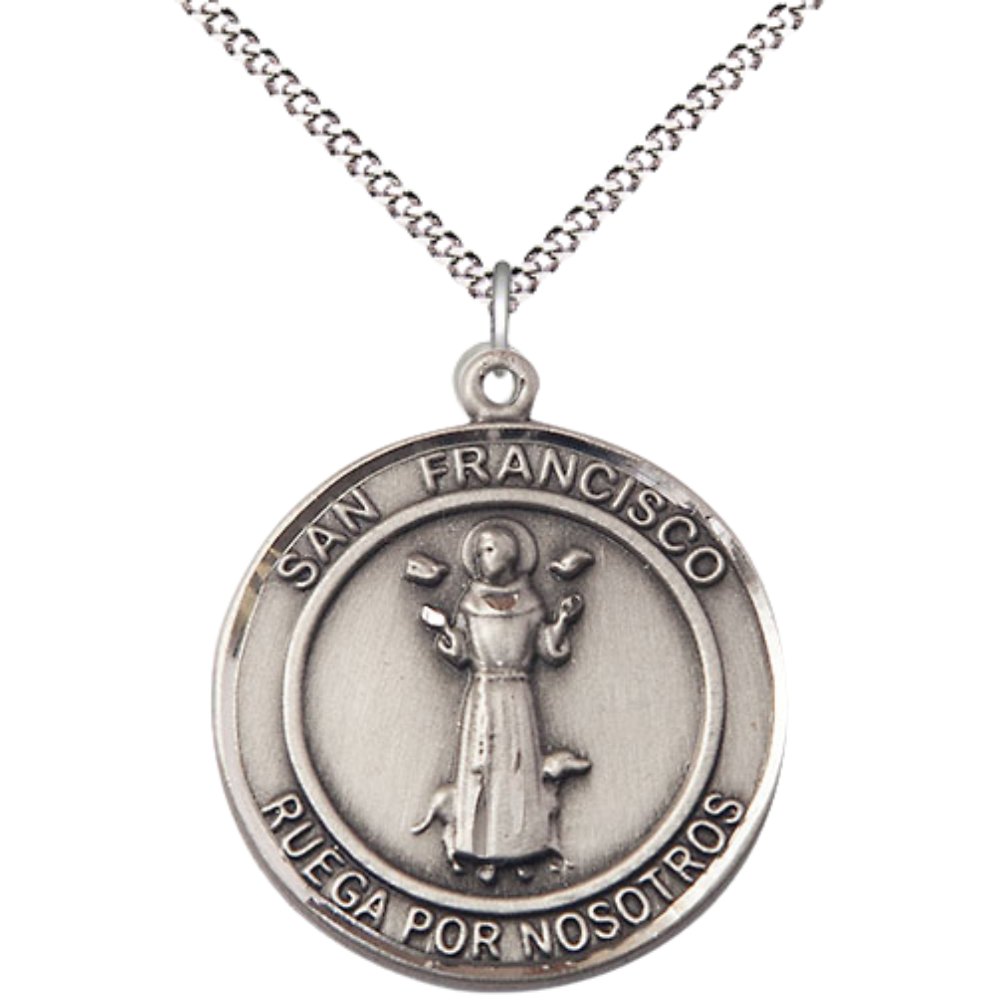 Spanish Script Women's Pewter Saint St. Francis of Assisi Medal Pendant on 18 Inch Rhodium Plated Lite Curb Brass Chain, Catholic Religious Necklace with Lobster Claw Clasp - Made in USA, Comes in Deluxe Velvet Gift Box