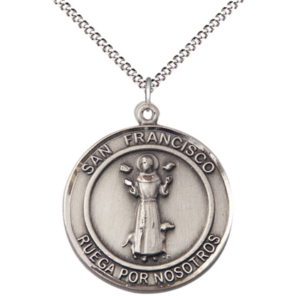 Spanish Script Women's Pewter Saint St. Francis of Assisi Medal Pendant on 18 Inch Rhodium Plated Lite Curb Brass Chain, Catholic Religious Necklace with Lobster Claw Clasp - Made in USA, Comes in Deluxe Velvet Gift Box