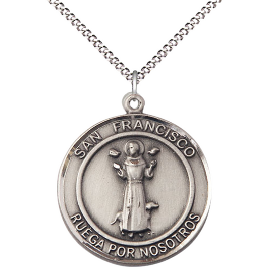 Spanish Script Women's Pewter Saint St. Francis of Assisi Medal Pendant on 18 Inch Rhodium Plated Lite Curb Brass Chain, Catholic Religious Necklace with Lobster Claw Clasp - Made in USA, Comes in Deluxe Velvet Gift Box